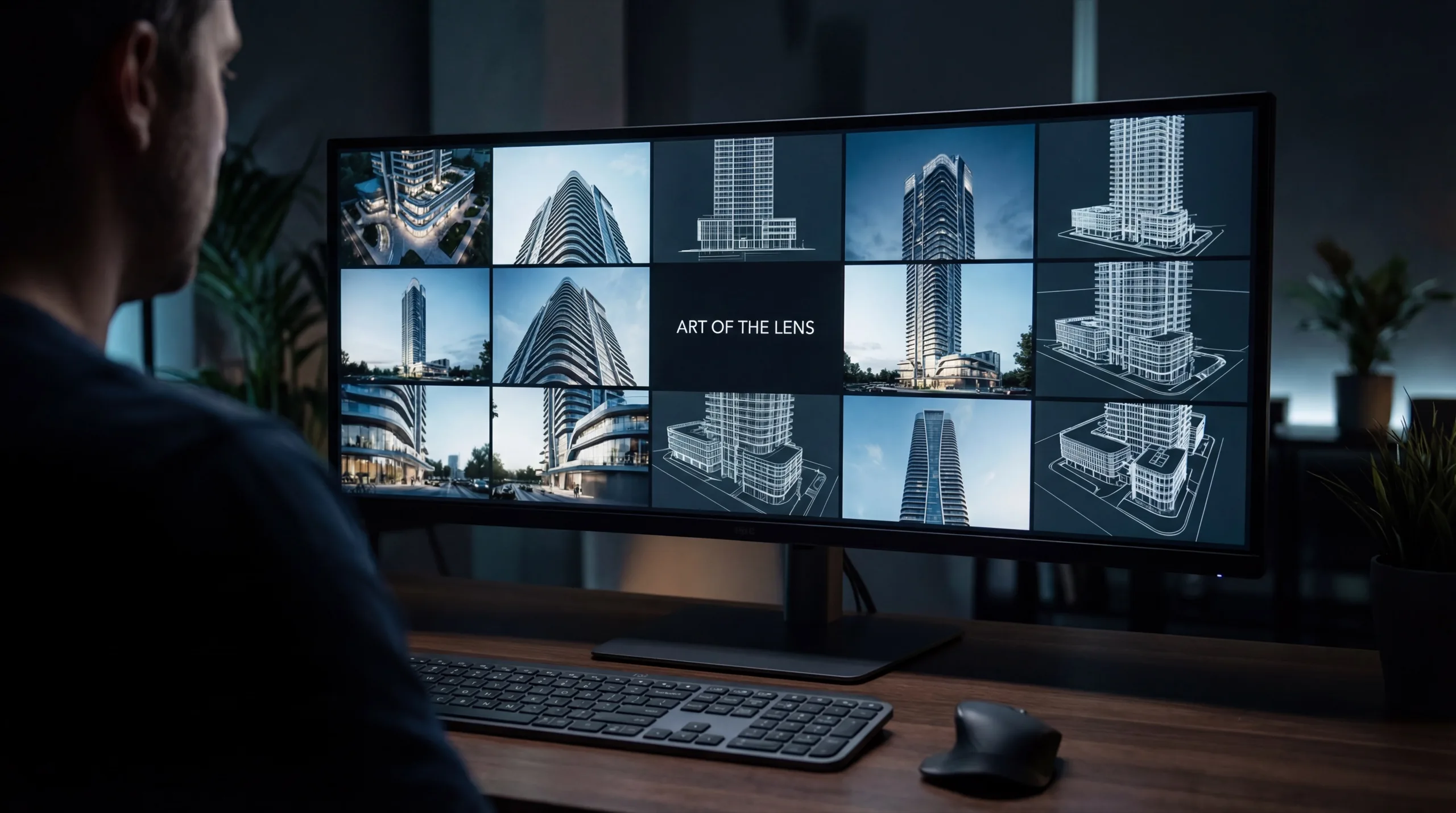 Cinematic composition process - multiple camera angle studies and compositional wireframes exploring architectural viewpoints